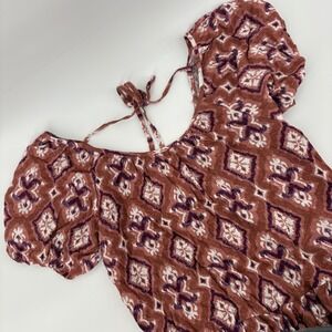 Knox Rose Women Cognac Ikat Print Tiered Mini Dress Puff Sleeve Tie Back XS